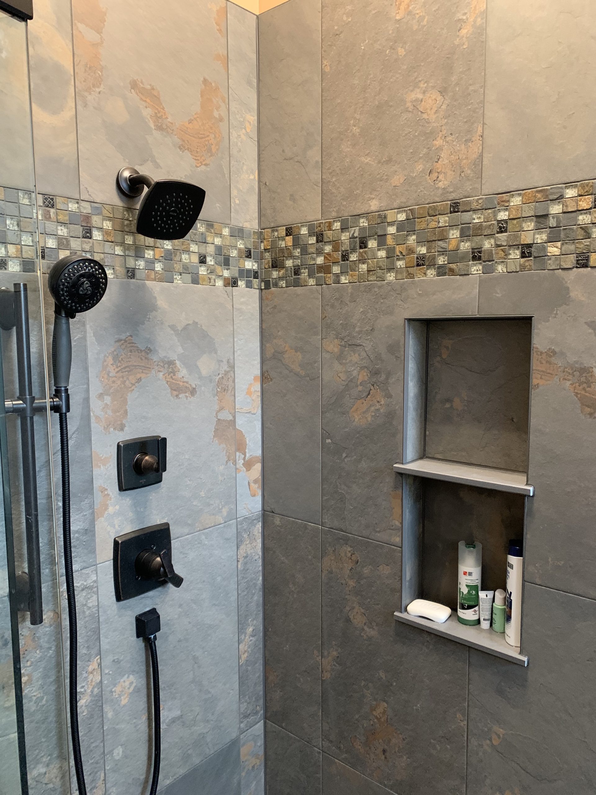  |  Neutral Marble Bathroom Showerhead and Handheld