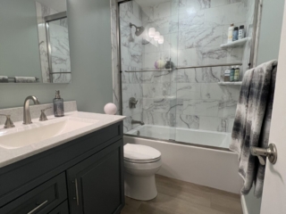 Classic bathroom remodel, green walls, sink with black cabinets, toilet, bath/shower