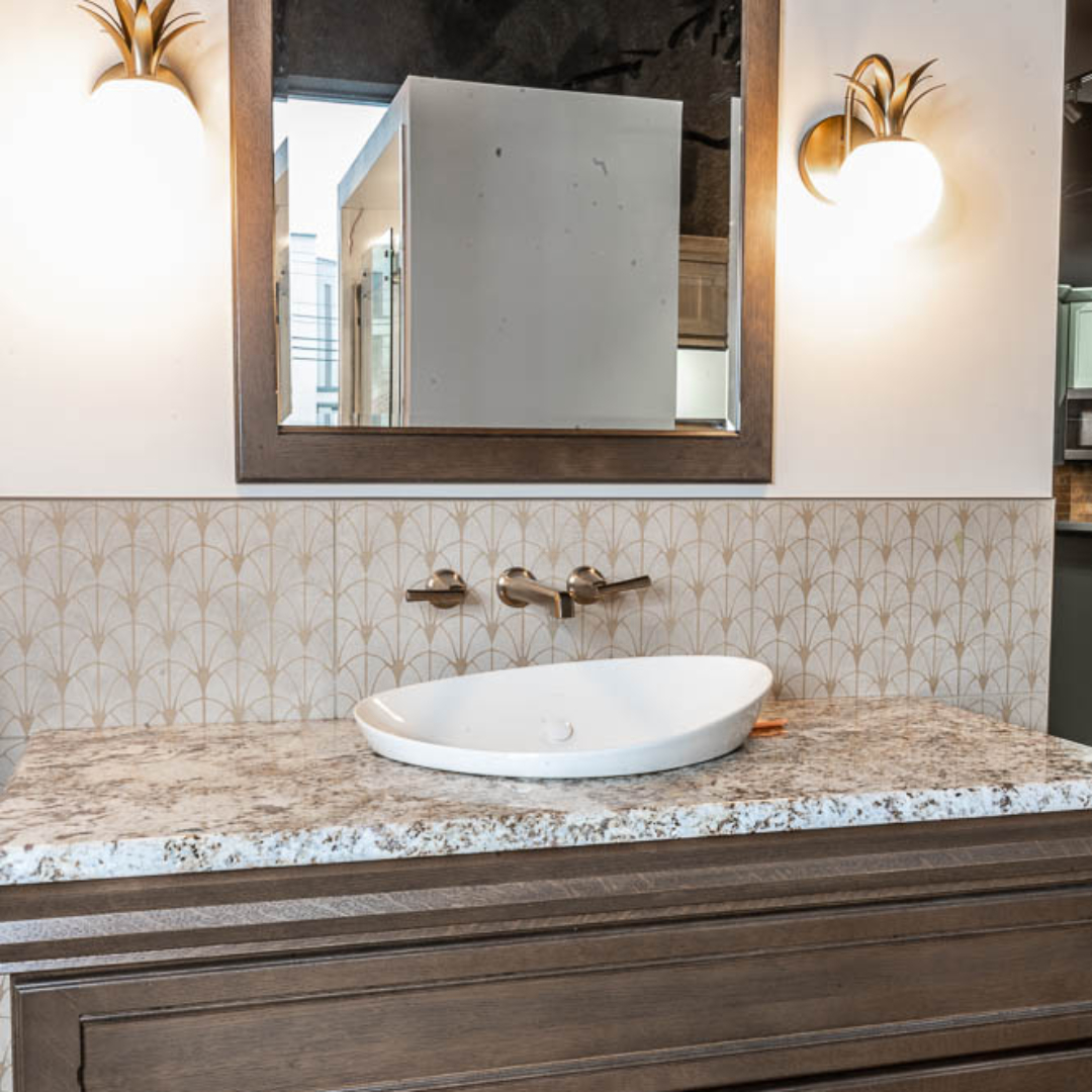 Contemporary bathroom, modern sink with modern wallpaper, vintage brown cabinet