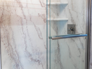 Classic bathroom, shower, large shelves, marble walls