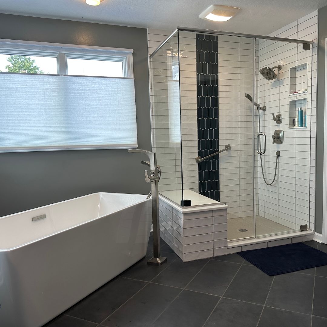 Contemporary spacious bathroom remodel, big tub and shower, modern grey floor tile