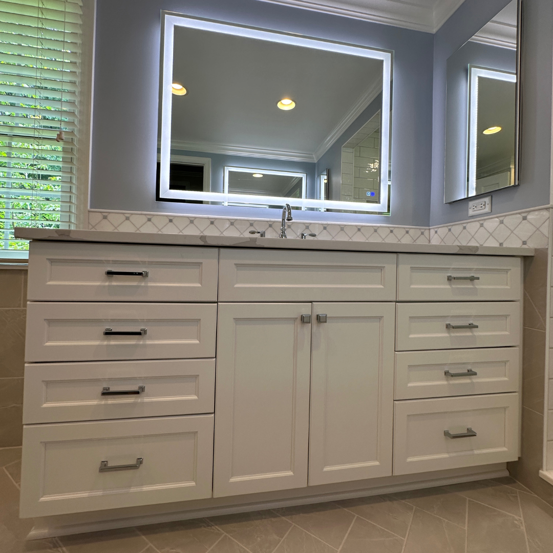 Classic small blue bathroom remodel with sink, white cabinet storage, large lighting mirror