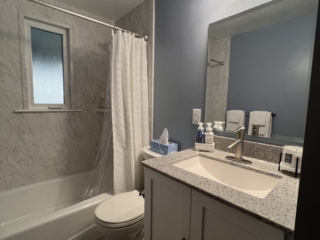 Classic small bathroom, shower and bathtub, blue wall, crushed marble sink with white cabinet, two-piece toilet