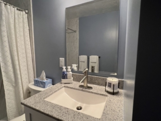 Classic small bathroom, shower and bathtub, blue wall, crushed marble sink with white cabinet, two-piece toilet