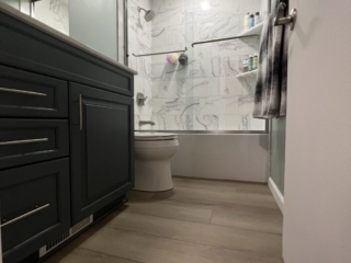 Modern green bathroom, Black and white marble shower, dark single sink with cabinet storage, toilet