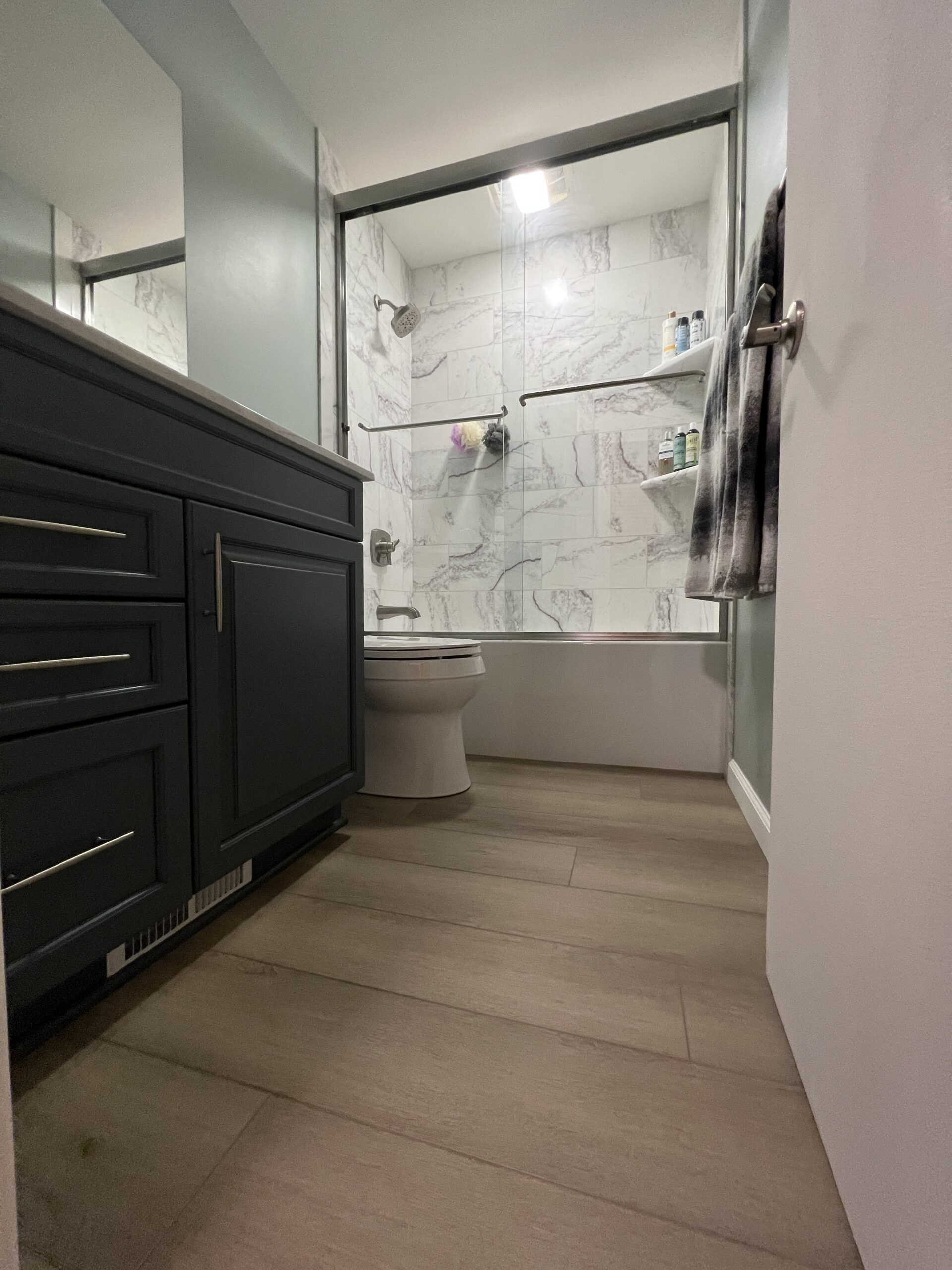 Modern green bathroom, Black and white marble shower, dark single sink with cabinet storage, toilet
