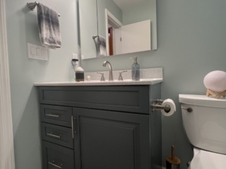 Modern green bathroom, small single single sink, dark cabinet storage, white marble countertop sink toilet