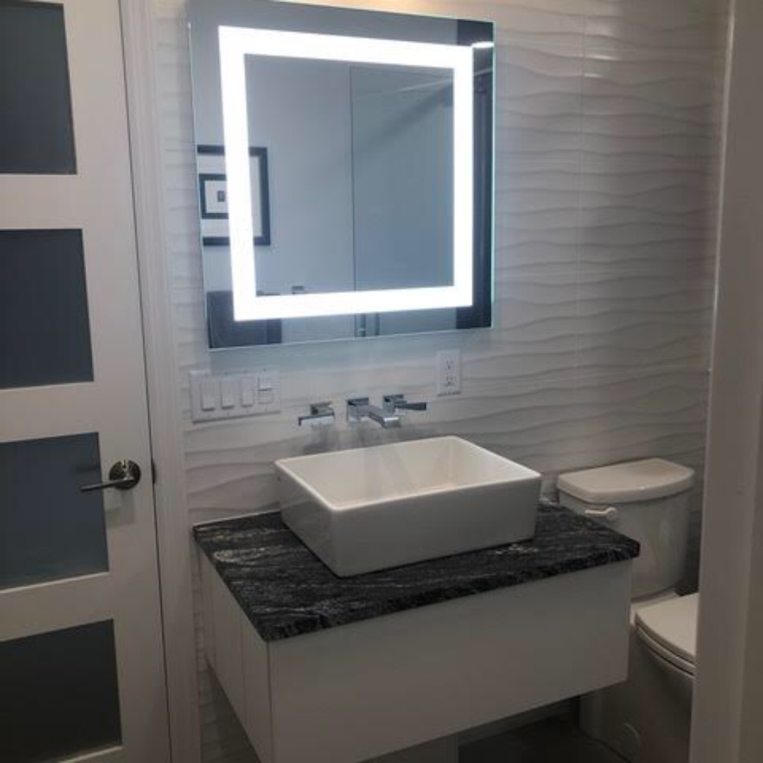 Contemporary bathroom, modern small sink, black marble, one-piece toilet