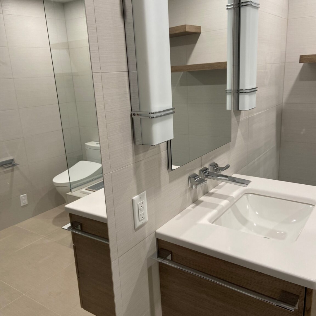 Floating wood vanity, minimalist modern sink, wall-mounted bathroom faucet, contemporary bathroom, neutral tiles