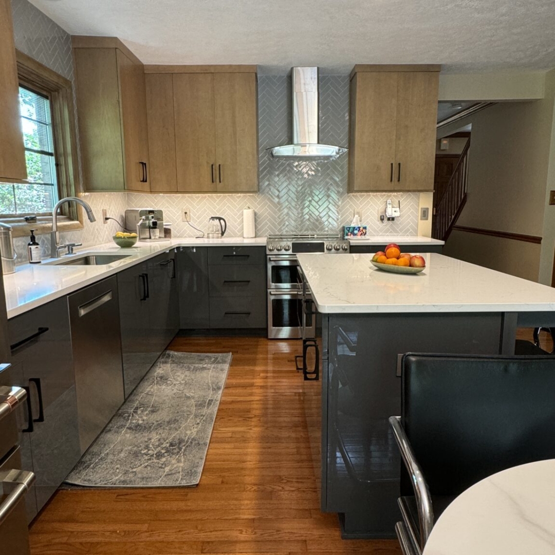 Kitchen inspiration, two-tone cabinet inspiration, herringbone backsplash, luxury kitchen island, natural light design