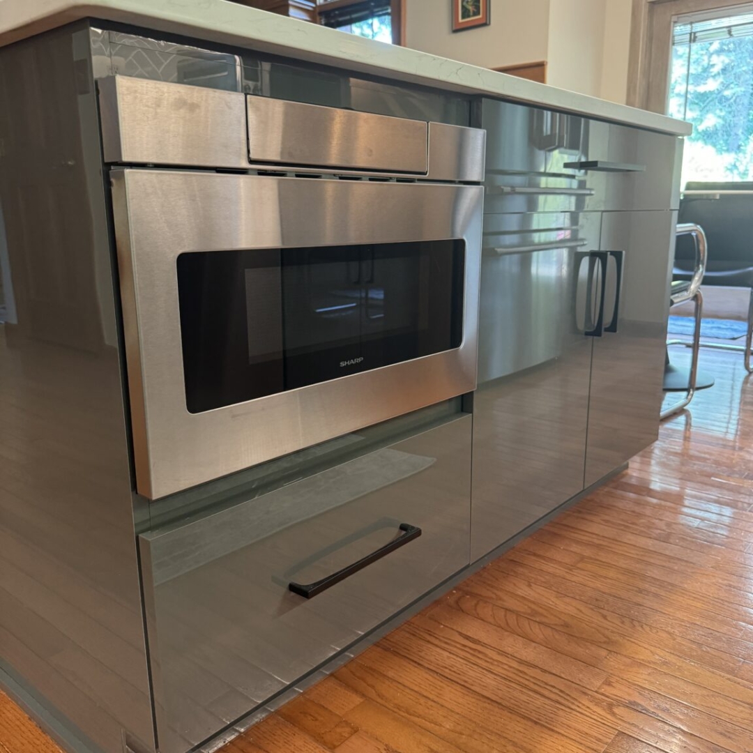 Built-in microwave inspiration, kitchen island storage idea, glossy cabinet finish, kitchen design