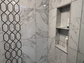 Shower niche inspiration, modern shower wall, contemporary bathroom idea, built-in shower shelf