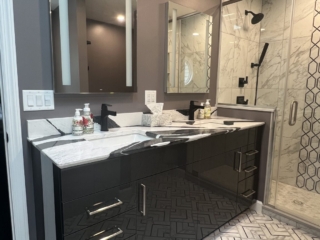 Double vanity idea, modern bathroom inspiration, black vanity design, lighted bathroom mirrors, luxury bathroom idea