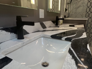 Black faucet ideas, modern sink inspiration, marble countertop design, LED mirror design, elegant bathroom inspiration