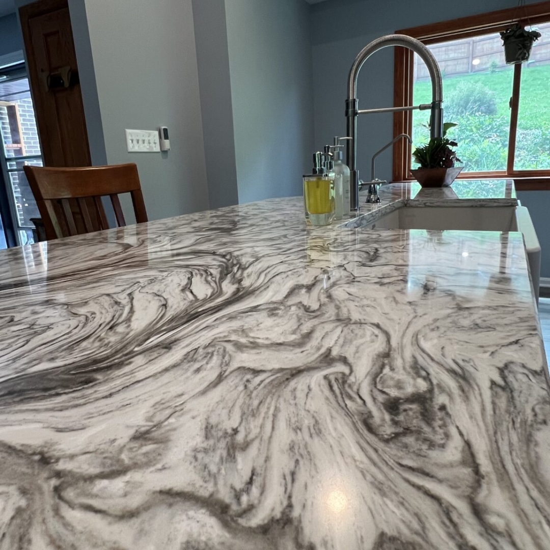 Marble countertop inspiration, natural stone kitchen idea, elegant kitchen island decor, luxurious countertop texture