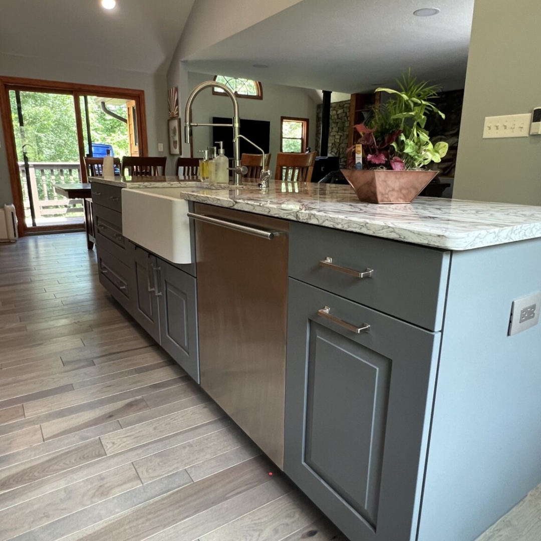 Two-tone kitchen island idea, stainless steel dishwasher design, rustic and modern kitchen blend, large kitchen sink idea