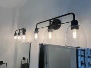 Industrial lighting idea, glass globe lights, vanity lighting inspiration, contemporary bathroom lighting
