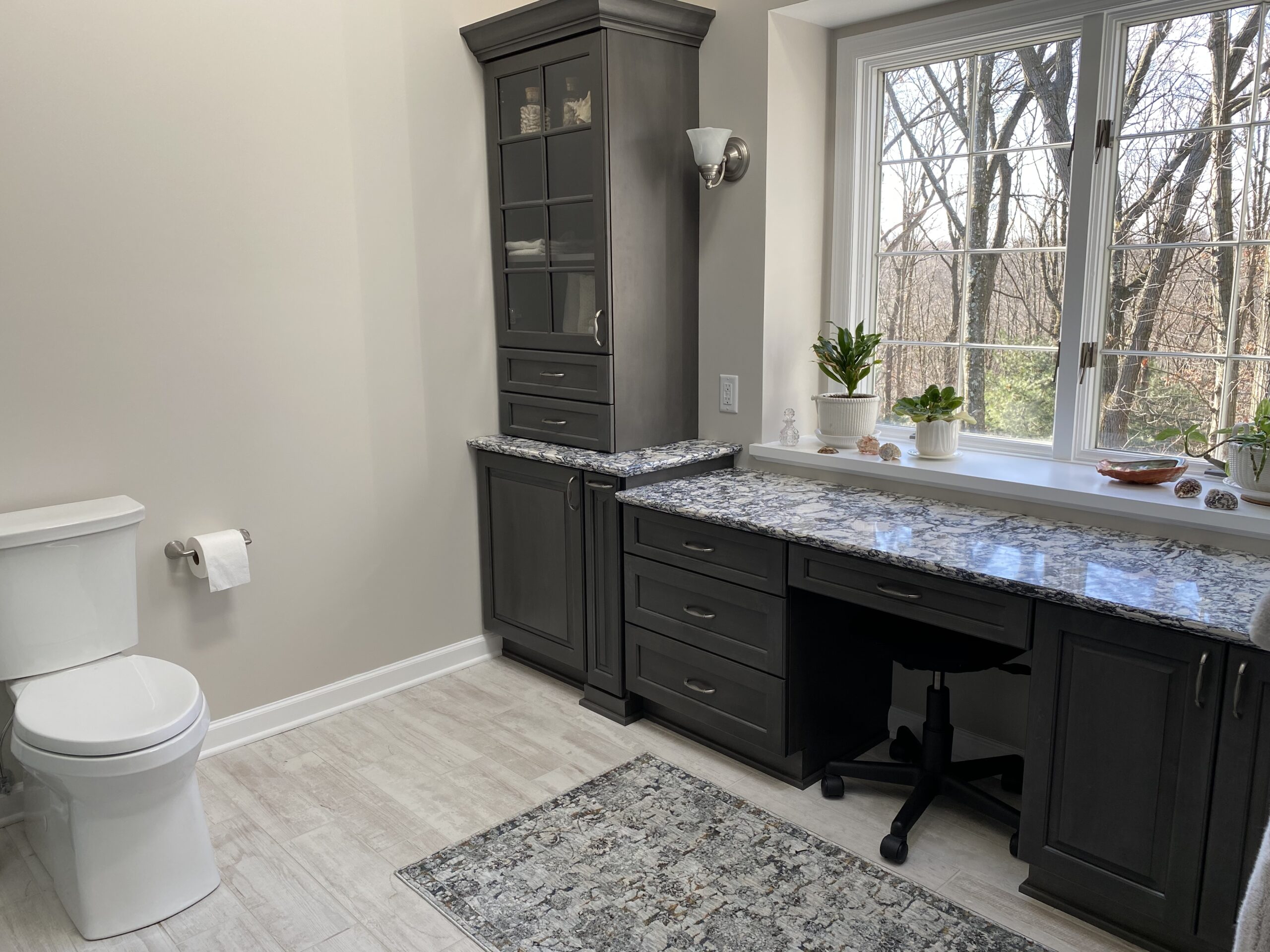 Classic marble counter bathroom, black and white countertop, dark cabinet shelves, big window, toilet